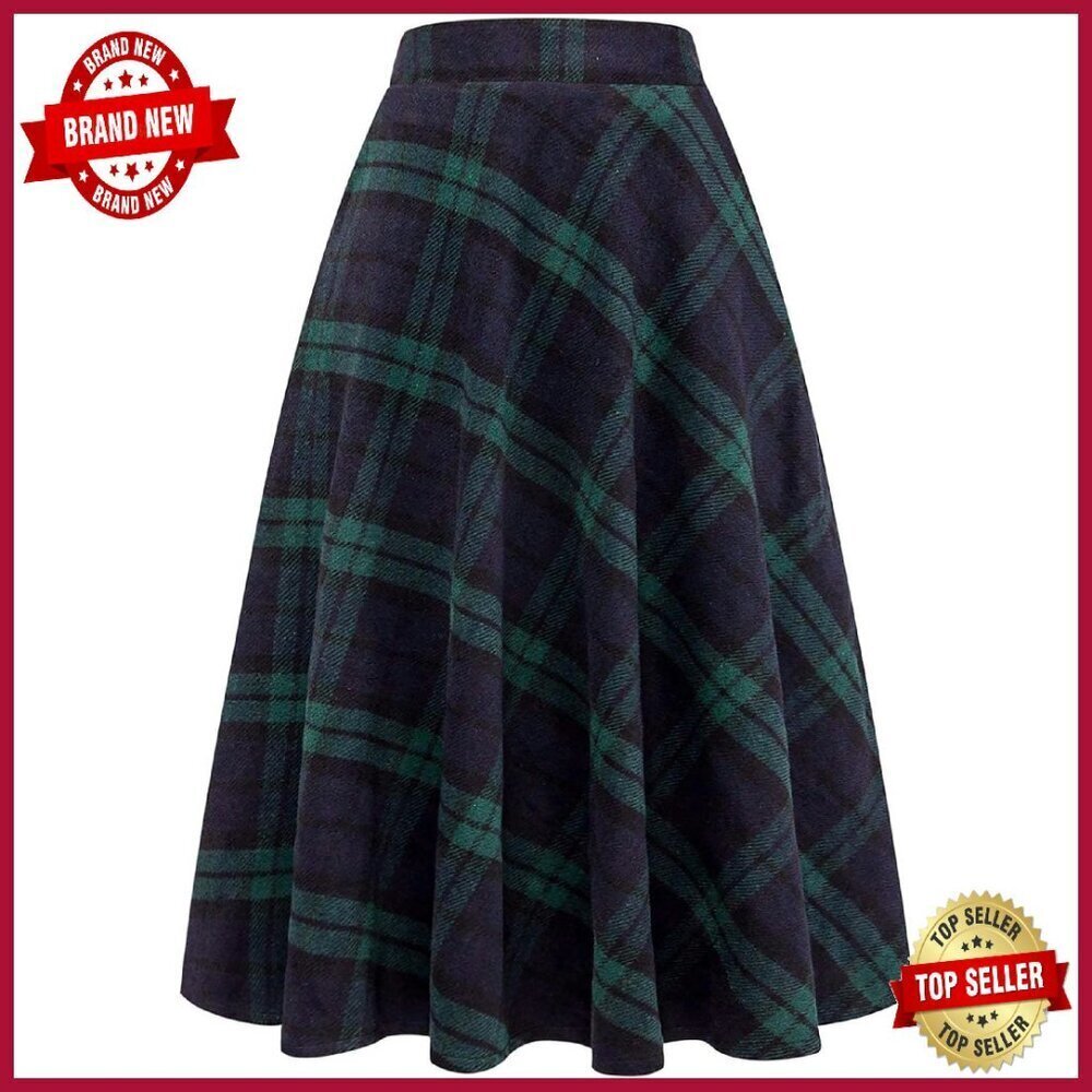 Women's Wool Plaid Skirt High Waist A-Line Pleated Midi Length